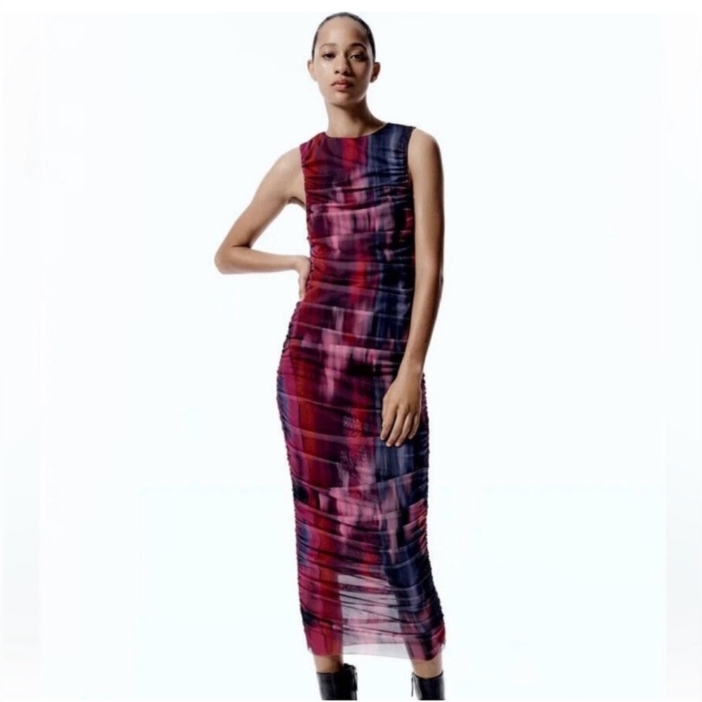 Zara Printed ruched Tulle dress Mesh Abstract Purple Black Medium